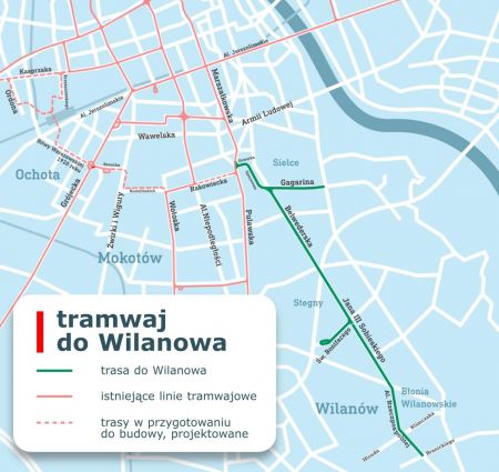 Mapka przedstawiająca planowaną trasę tramwaju do Wilanowa. 